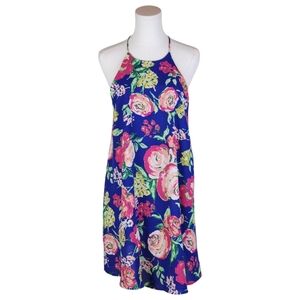 Everly Blue Floral Halter Mini Swing Dress M Summer Wedding Guest Sleeveless